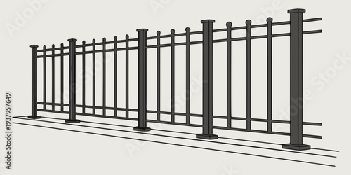 A tall, black metal fence with pointed tops and concrete bases Vector