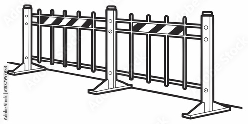 A row of white metal barricades lined up in an orderly fashion on a flat surface. Vector