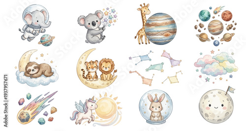 Space nursery clipart set with cute animals, moon, planets and stars themes. Collection of Vector illustrations. Perfect for invitation, card, poster, banner, decoration