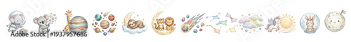 Pastel cosmic baby animals set with elephant, koala, bunny and moon artwork. Collection of Vector illustrations. Perfect for invitation, card, poster, banner, decoration