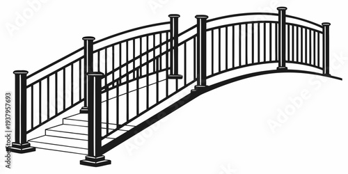A beautifully designed curved metal bridge with a railing on both sides Vector