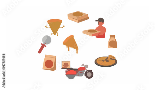 Cartoon pizza delivery icons with slice box courier and takeaway food vector collection