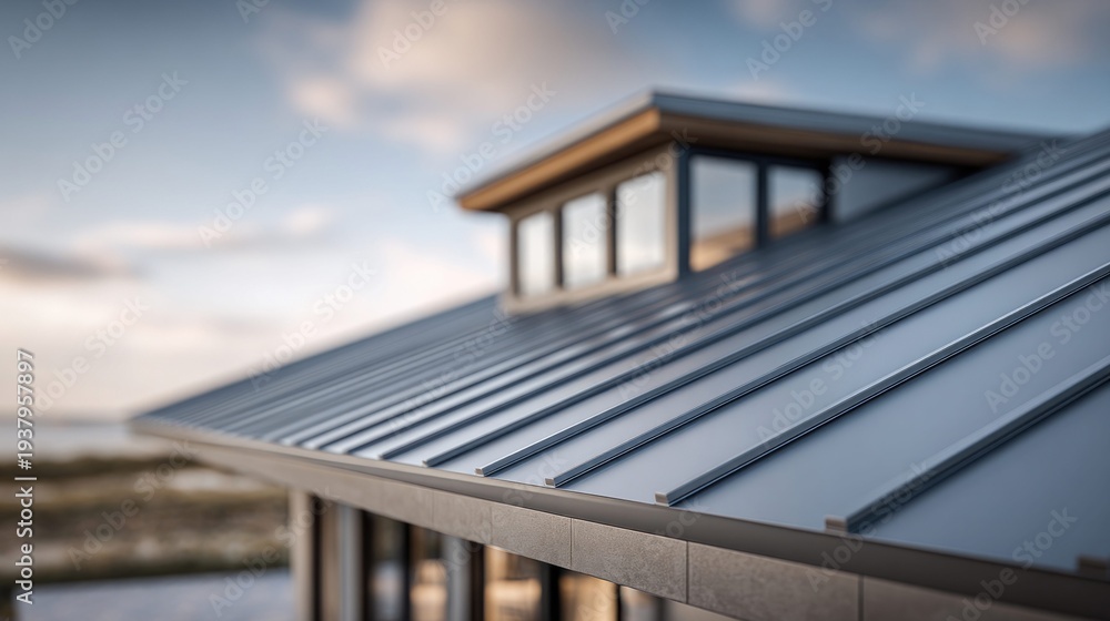 Obraz premium Modern metal roof on a coastal house with dormer windows and a scenic ocean view