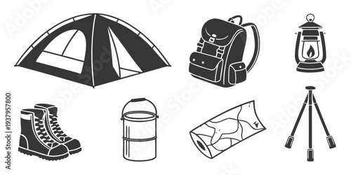 Essential camping gear and equipment for outdoor adventures Vector