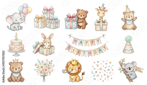 Pastel birthday animal clipart set. Pastel birthday animal set with bear, bunny, giraffe, elephant and lion cub. Collection of Vector illustrations. Perfect for invitation, card, poster, banner, decor