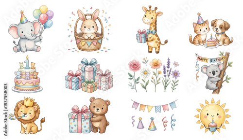 Pastel birthday clipart with bear, bunny, giraffe, gifts and cake party set. Collection of Vector illustrations. Perfect for invitation, card, poster, banner, decoration
