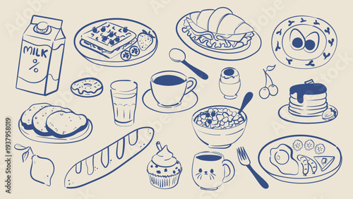 Breakfast food doodle set with milk, coffee, sandwich, croissant, eggs, bread, cereal, pancakes, fruit and drinks. Hand drawn line illustration collection for menu, packaging, poster and food design.