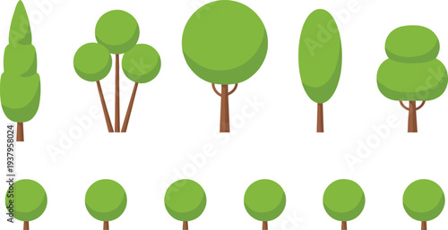 Collection of simple green park trees and bushes for landscape map design elements set, cad drawing flat vector illustration
