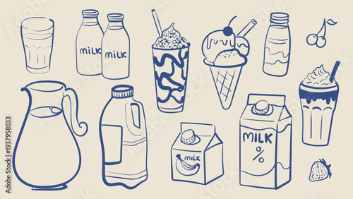 Milk and dairy doodle set with bottles, carton, jug, milkshake, ice cream and drinks. Hand drawn line illustration collection for menu, packaging, cafe and food design.