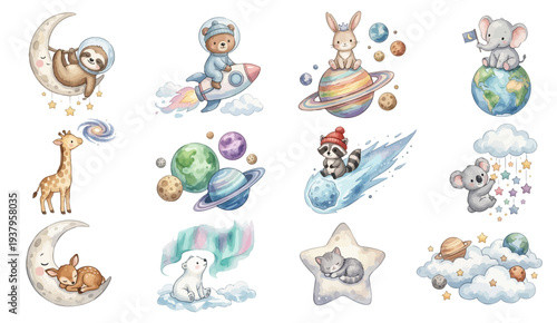 Whimsical nursery clipart set. Cute celestial nursery set with sloth, bear, bunny and elephant clipart art. Collection of Vector illustrations. Perfect for invitation, card, poster, banner, decoration