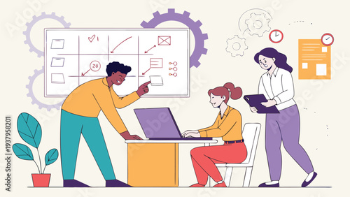 A diverse team of people collaborating on a project with a laptop and whiteboard