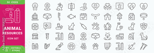 Animal Resources Line Editable Icons set. Containing pet, dog, cat, aquarium, pet carrier, pet bowl, etc. Editable stroke. Vector illustration