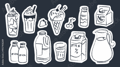 Milk and dairy doodle sticker set with bottles, carton, jug, milkshake, ice cream and drinks. Hand drawn line illustration collection for menu, packaging, cafe and food design.