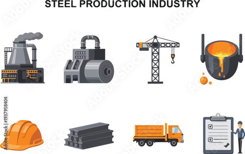 Illustration of steel production Includes factory machinery crane melting pot helmet steel bars truck and a person