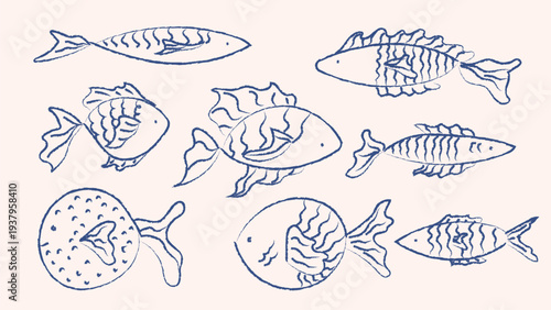 Doodle crayon drawing of sea animals. Vintage ink sketch style minimalist fishes. Hand drawn retro style vector illustration.