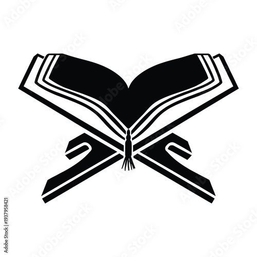 Black and white illustration of an open book and quill pen crossed