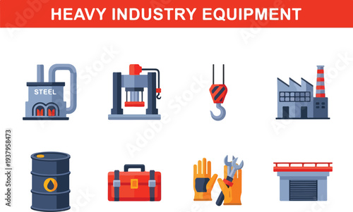 Illustration of industry equipment Top row furnace press crane hook factory Bottom row barrel toolbox gloves garage