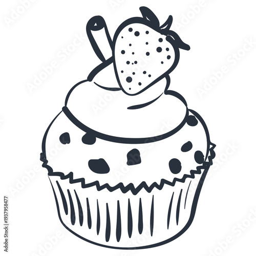 Hand drawn doodle cupcake with strawberry. Line illustration of muffin for cafe menu, packaging and food design.