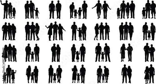 Family silhouette collection, diverse family groups, adults children together, holding hands poses, family unity representation, black silhouettes, social science design resource