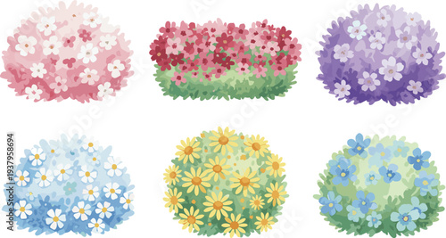 Colorful flowering bush collection, decorative garden shrubs with blooming flowers isolated for landscape design, botanical elements, flat vector illustration