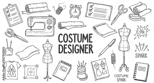 Hand drawn costume designer icons and sewing tools collage with dress forms and sketches