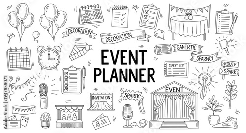 Event planner doodles illustrating various aspects of organizing and executing successful events