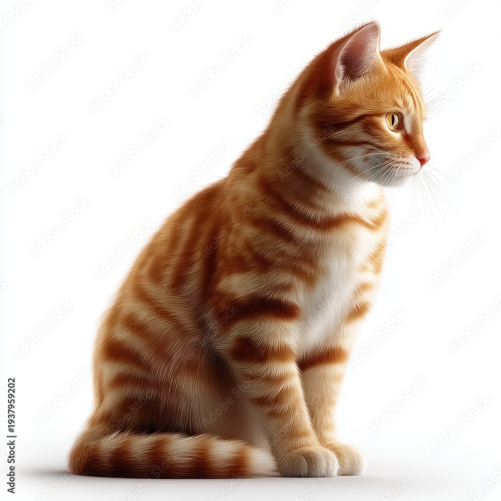 Fototapeta premium Adorable ginger tabby kitten sitting elegantly against a clean white background