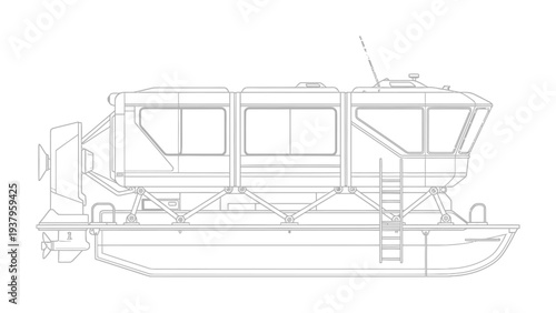 Scientific Research Vessel Blueprint: A detailed technical drawing showcasing the design of a specialized vessel, tailored for conducting scientific research at sea. Emphasizing its robust structure.