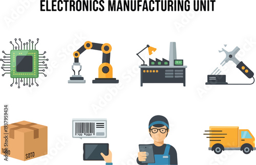 A graphic illustrating electronics manufacturing Includes a chip robot arm factory welding box barcode worker and truck