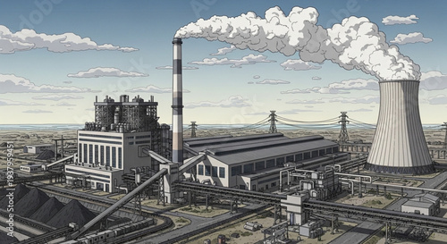 Industrial power plant with cooling tower and smoke stacks.