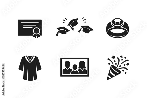 Collection of graduation and family celebration icons representing academic achievement and personal milestones