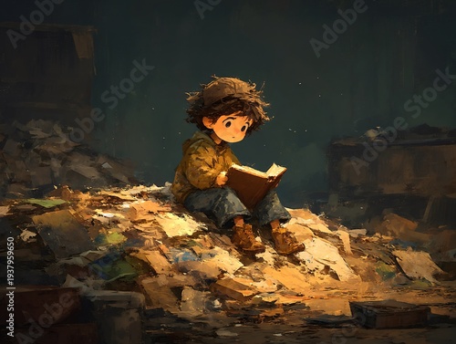 Child sitting on a pile of garbage reading a book in a warm but melancholic urban setting