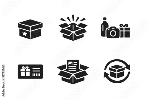 Set of six black icons representing different types of packages and deliveries