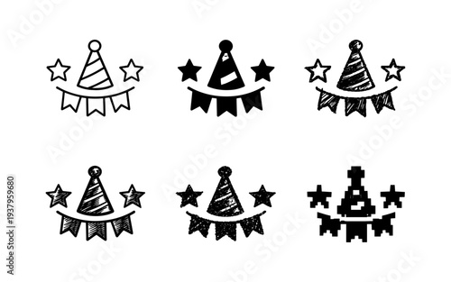 Collection of party hat icons with stars and bunting flags in various styles