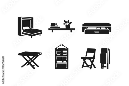 Collection of modern furniture icons for space-saving and compact living solutions