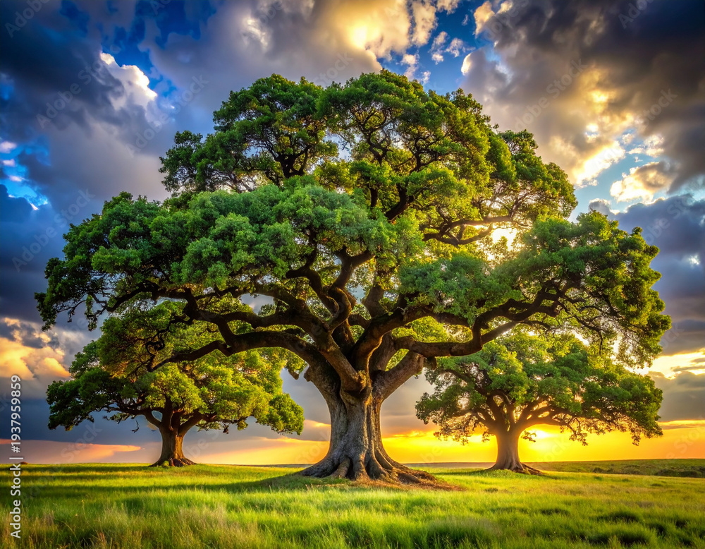 Fototapeta premium Ancient stoic oak trees stand against a dramatic sky, embodying enduring strength and timeless resilience.