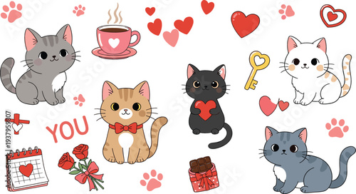 Cute Cats Valentine Doodle Set with Hearts, Flowers, Coffee Cup and Love Symbols, Adorable Kitten Illustration for Romantic Greeting and Stickers