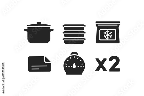 Cooking and food preparation icons including pot, containers, freezer bag, document, and timer