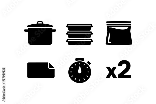 Cooking and meal prep icons: pot, containers, bag, timer, and quantity indicator
