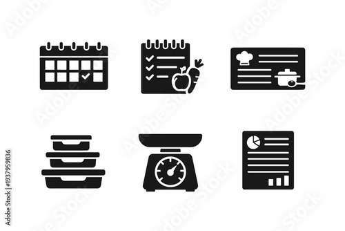 Set of icons representing meal planning, healthy eating, and diet management tools