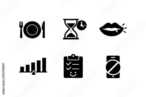 Collection of six distinct black icons representing various concepts on a white background