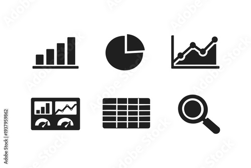 Collection of modern flat icons representing business analytics and data visualization concepts