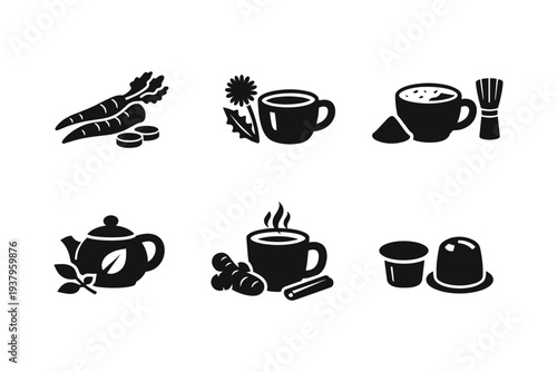 Collection of icons representing various beverages and ingredients like tea, coffee, and spices