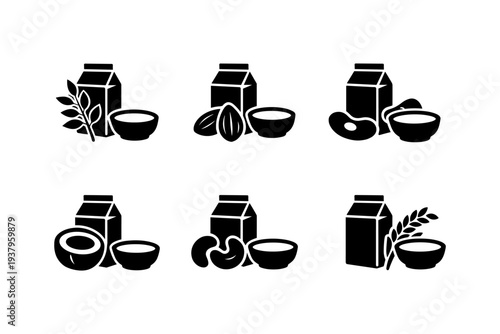 Set of icons representing different types of plant-based milk and ingredients