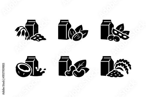Collection of plant-based milk cartons with ingredients like oats, almonds, soy, coconut, cashews, and rice