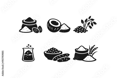 Collection of icons representing various agricultural products and ingredients in stylized black and white