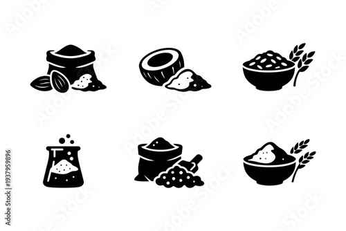 Collection of six icons representing different types of flour and grains in black and white