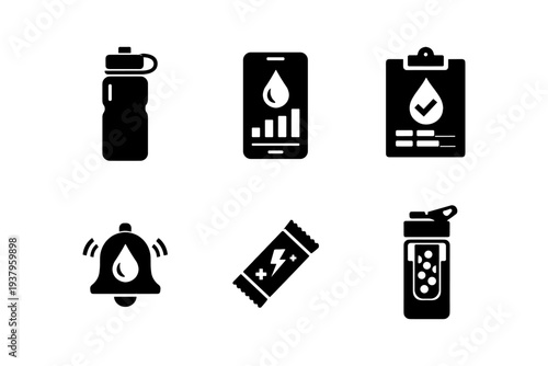 Hydration tracking icons: water bottle, app, checklist, alert, energy bar, and shaker