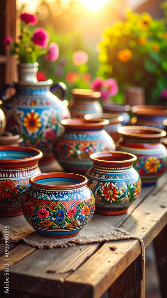 Fototapeta premium Traditional ceramic pottery, hand-painted with vibrant folk motifs, sits on a rustic wooden table.