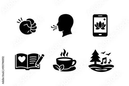 Collection of icons representing self-care, mindfulness, and relaxation activities